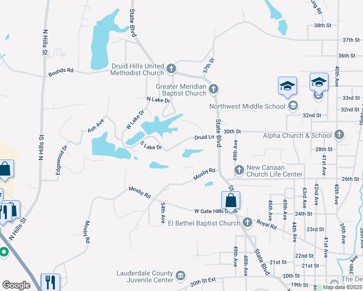 map of restaurants, bars, coffee shops, grocery stores, and more near 5117 Druid Lane in Meridian