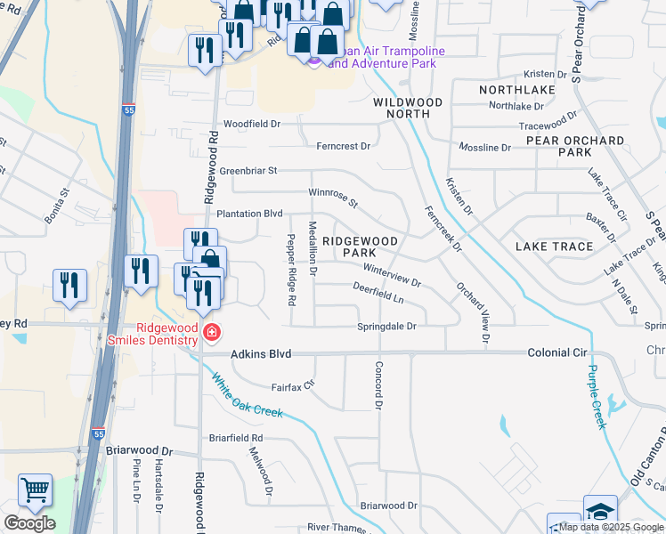 map of restaurants, bars, coffee shops, grocery stores, and more near 1217 Winterview Drive in Jackson