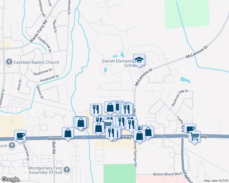 map of restaurants, bars, coffee shops, grocery stores, and more near 449 Park Lake Drive in Montgomery