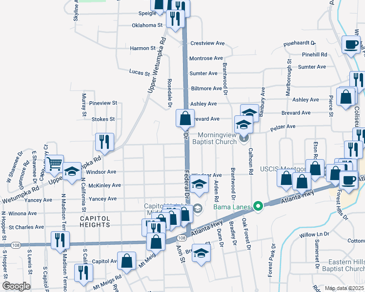 map of restaurants, bars, coffee shops, grocery stores, and more near 621 Federal Drive in Montgomery