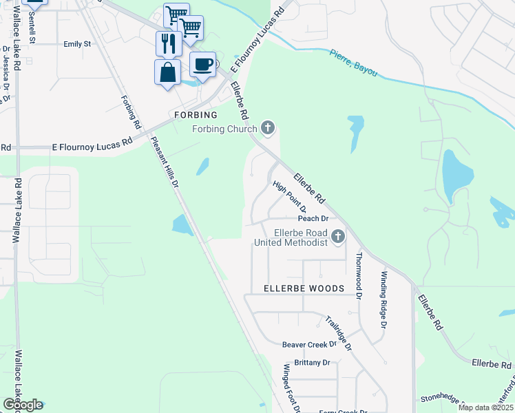 map of restaurants, bars, coffee shops, grocery stores, and more near 315 Sage Hill Drive in Shreveport