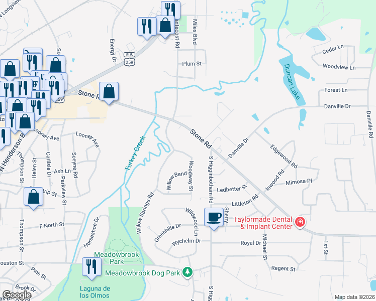 map of restaurants, bars, coffee shops, grocery stores, and more near 708 Woodway Street in Kilgore