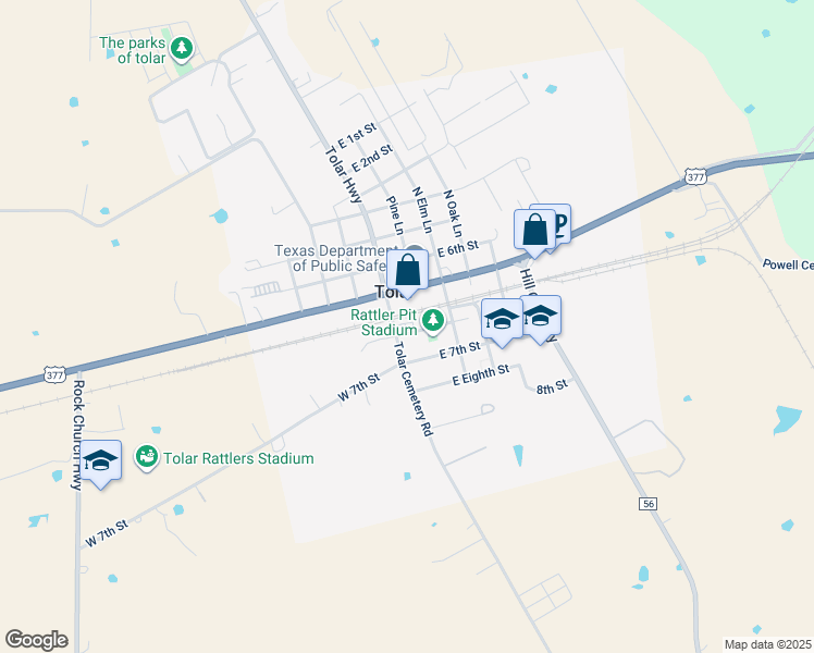 map of restaurants, bars, coffee shops, grocery stores, and more near 205 Tolar Cemetery Road in Tolar