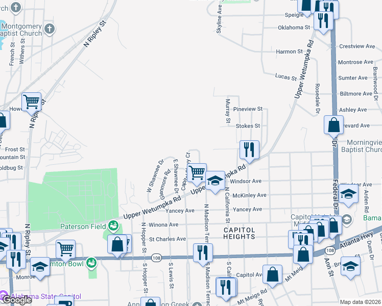 map of restaurants, bars, coffee shops, grocery stores, and more near 546 Capitol Parkway Court in Montgomery