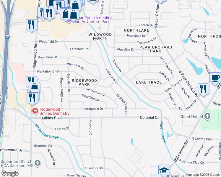 map of restaurants, bars, coffee shops, grocery stores, and more near 5841 Orchard View Drive in Jackson