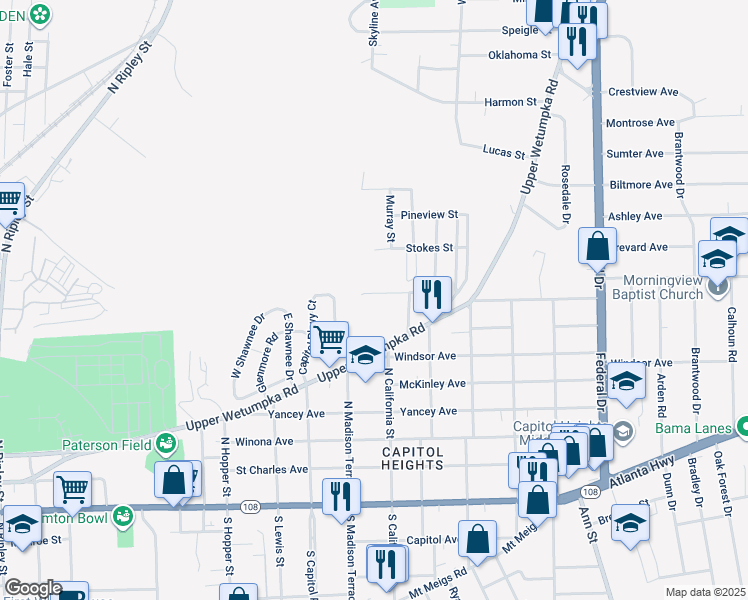 map of restaurants, bars, coffee shops, grocery stores, and more near 1804 Dixie Court in Montgomery