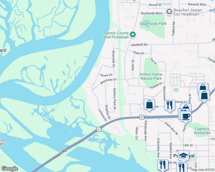 map of restaurants, bars, coffee shops, grocery stores, and more near 1716 Drayton Drive in Port Royal