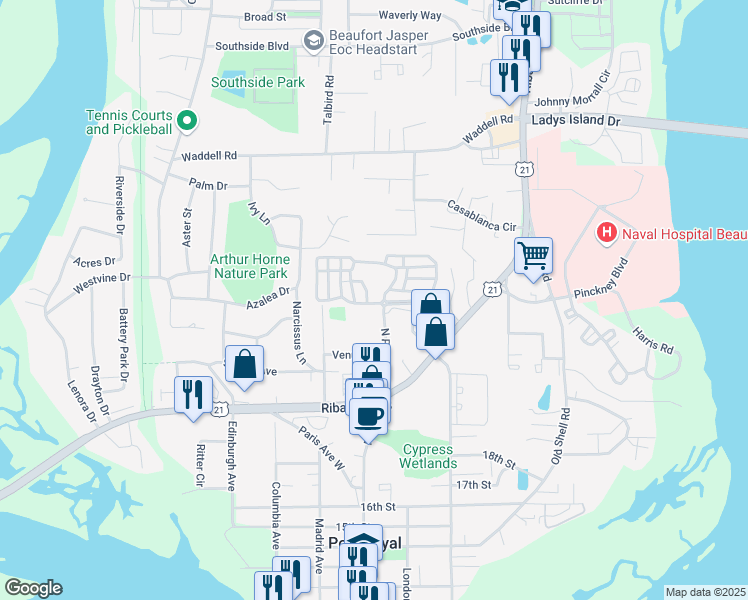 map of restaurants, bars, coffee shops, grocery stores, and more near 900 Preserve Avenue West in Port Royal