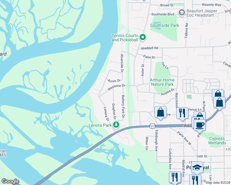 map of restaurants, bars, coffee shops, grocery stores, and more near 1716 Drayton Drive in Port Royal