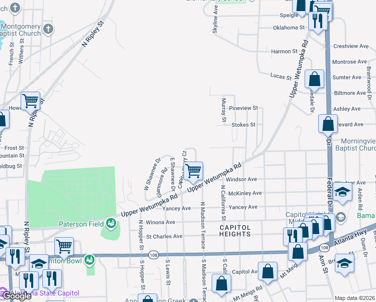 map of restaurants, bars, coffee shops, grocery stores, and more near 546 Capitol Parkway Court in Montgomery
