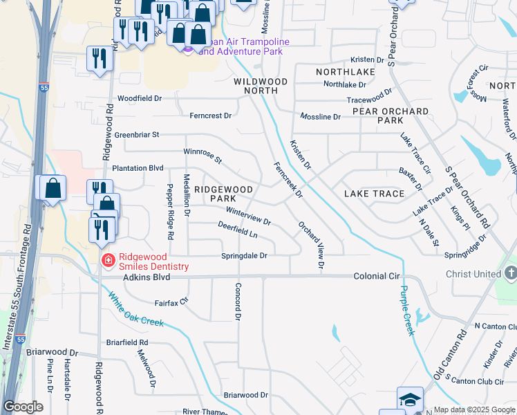 map of restaurants, bars, coffee shops, grocery stores, and more near 1307 Plantation Boulevard in Jackson