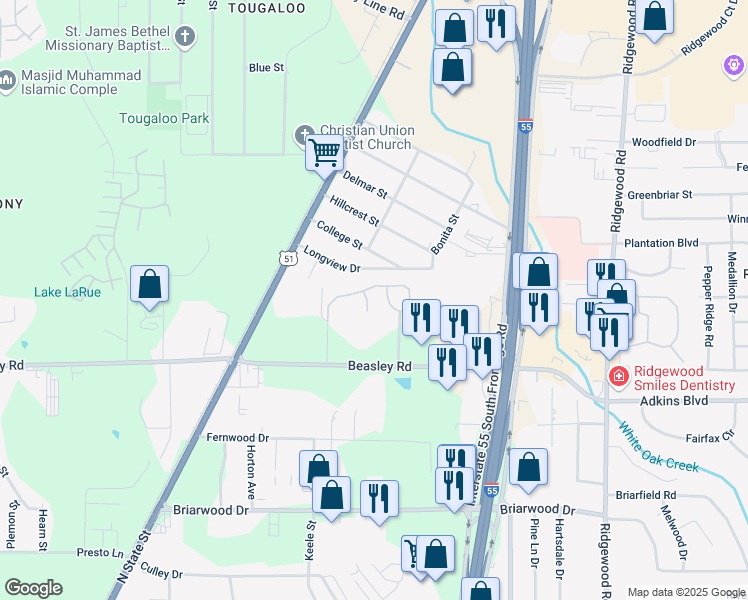 map of restaurants, bars, coffee shops, grocery stores, and more near 492 Beasley Road in Jackson