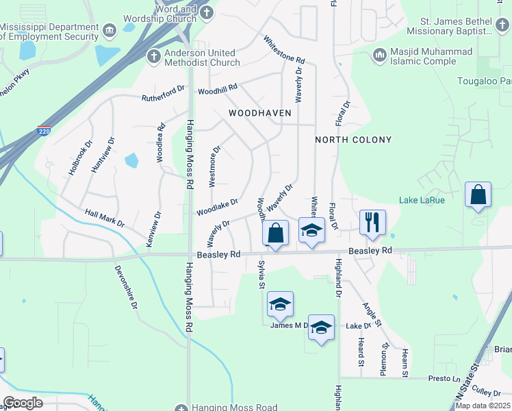 map of restaurants, bars, coffee shops, grocery stores, and more near 6005 Woodhaven Road in Jackson