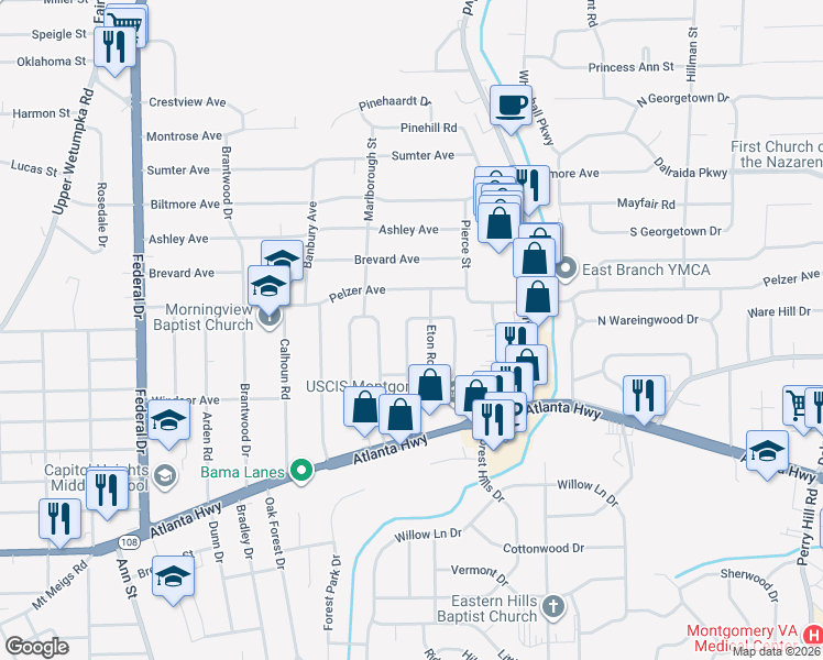 map of restaurants, bars, coffee shops, grocery stores, and more near 144 Salem Drive in Montgomery