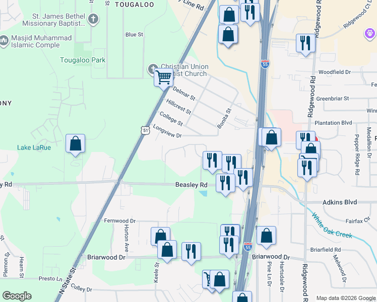 map of restaurants, bars, coffee shops, grocery stores, and more near 492 Beasley Road in Jackson