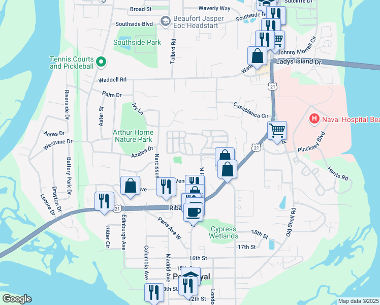 map of restaurants, bars, coffee shops, grocery stores, and more near 900 Preserve Avenue West in Port Royal