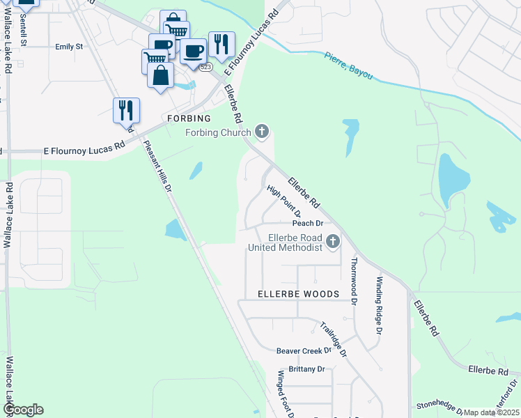 map of restaurants, bars, coffee shops, grocery stores, and more near 315 Sage Hill Drive in Shreveport