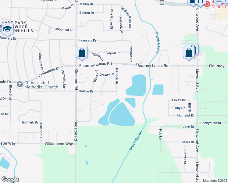 map of restaurants, bars, coffee shops, grocery stores, and more near 822 Willow Dr in Shreveport