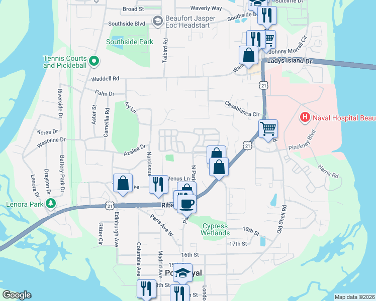 map of restaurants, bars, coffee shops, grocery stores, and more near 900 Preserve Avenue West in Port Royal