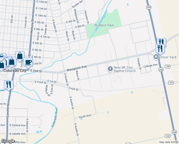 map of restaurants, bars, coffee shops, grocery stores, and more near Dallas Street in Colorado City
