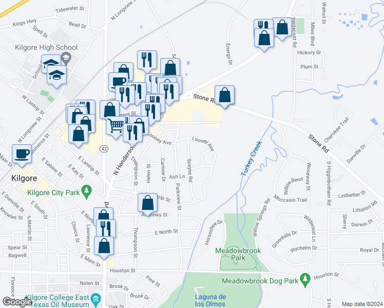 map of restaurants, bars, coffee shops, grocery stores, and more near 804 Sceyne Road in Kilgore