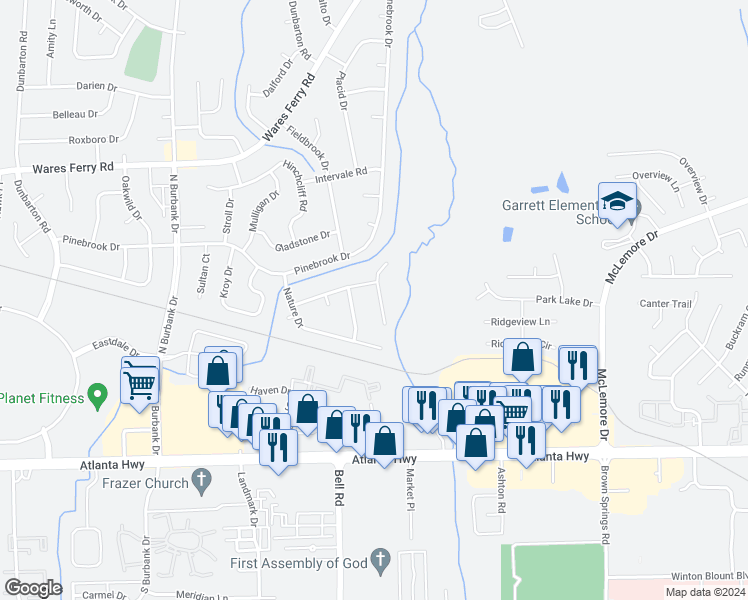 map of restaurants, bars, coffee shops, grocery stores, and more near 225 Townsend Drive in Montgomery