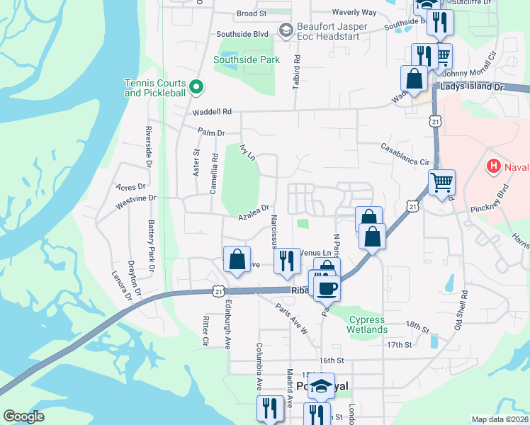 map of restaurants, bars, coffee shops, grocery stores, and more near 1711 Narcissus Lane in Beaufort