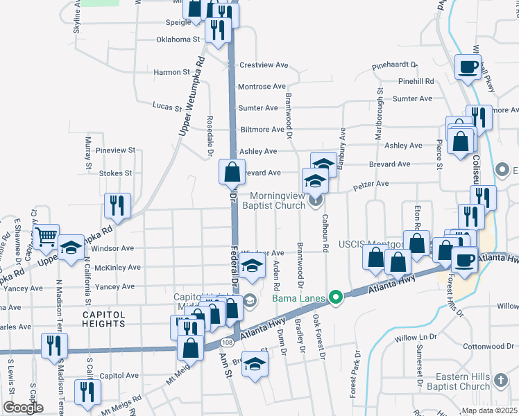 map of restaurants, bars, coffee shops, grocery stores, and more near 572 Morningview Drive in Montgomery