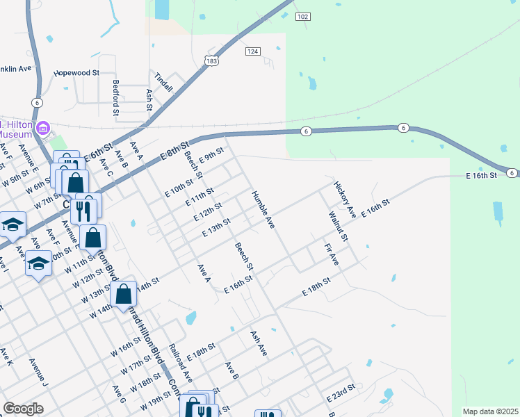 map of restaurants, bars, coffee shops, grocery stores, and more near 800 East 13th Street in Cisco