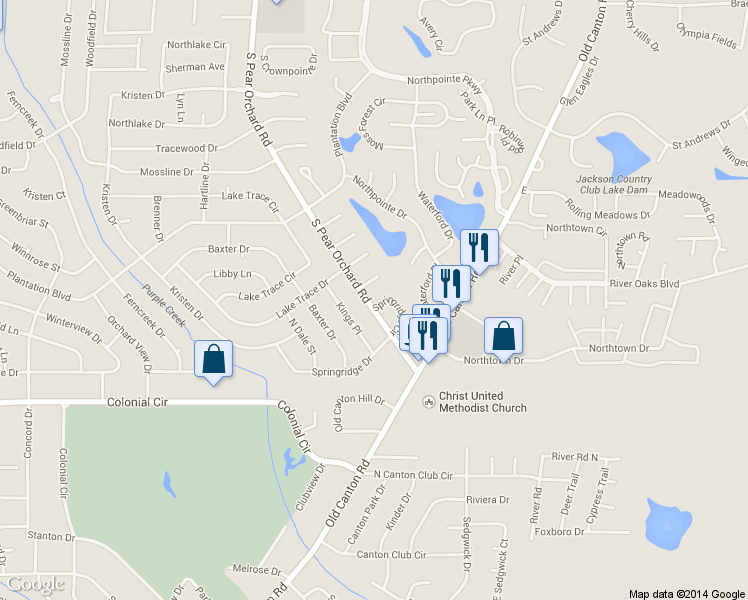 map of restaurants, bars, coffee shops, grocery stores, and more near 73 Springridge Circle in Jackson