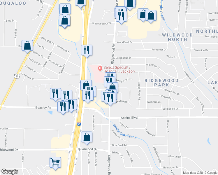 map of restaurants, bars, coffee shops, grocery stores, and more near 83 Ridgewood Road in Jackson