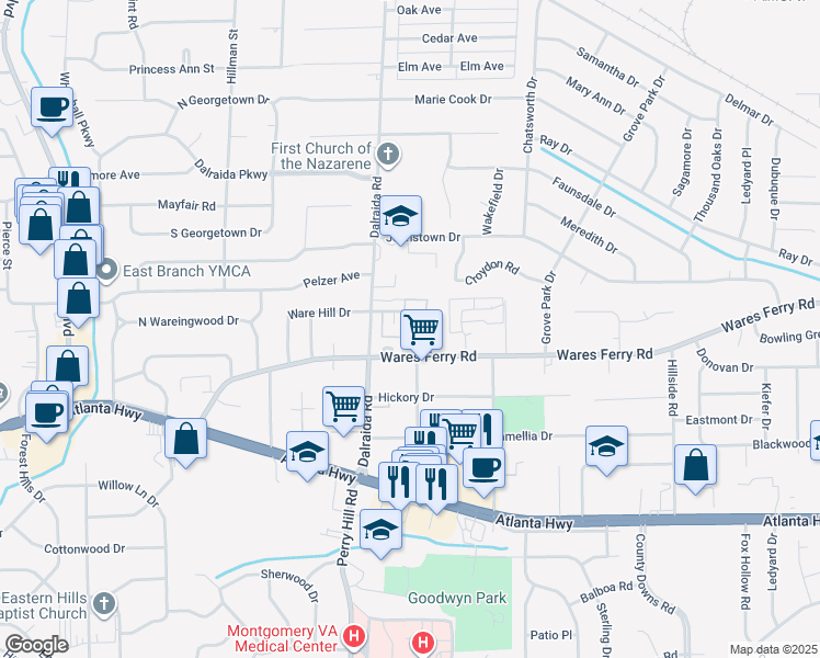 map of restaurants, bars, coffee shops, grocery stores, and more near 381 Mitchell Avenue in Montgomery