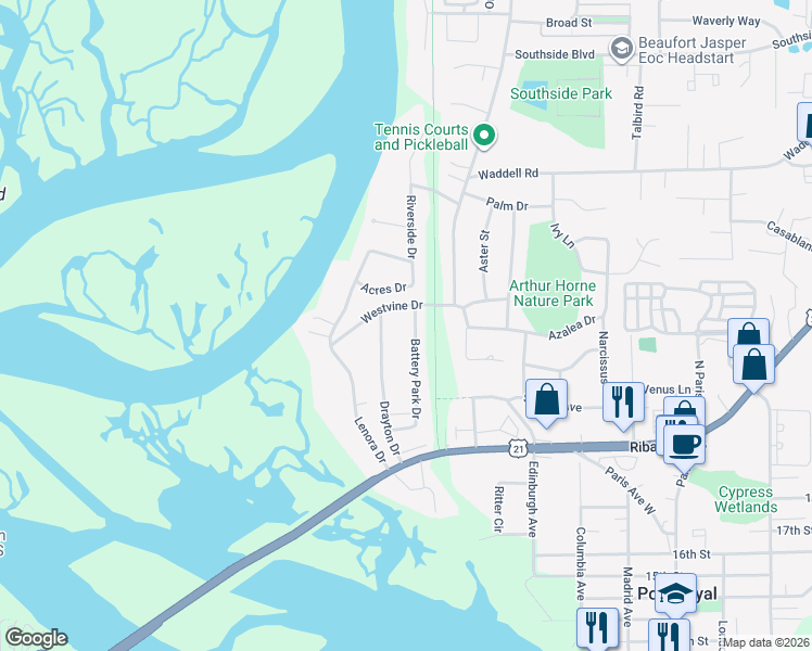 map of restaurants, bars, coffee shops, grocery stores, and more near 1711 Battery Park Dr in Port Royal