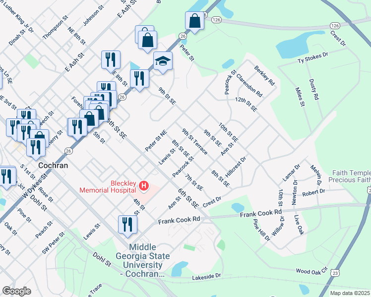 map of restaurants, bars, coffee shops, grocery stores, and more near 125 8th Street Southeast in Cochran