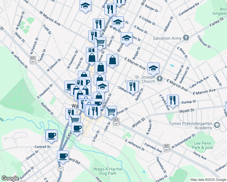 map of restaurants, bars, coffee shops, grocery stores, and more near 404 N Jackson St in Waxahachie