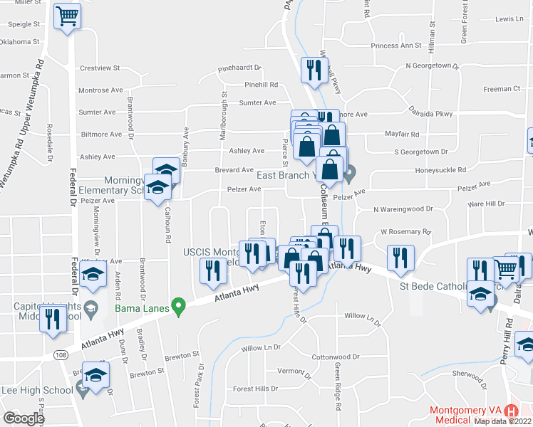 map of restaurants, bars, coffee shops, grocery stores, and more near 158 Eton Road in Montgomery