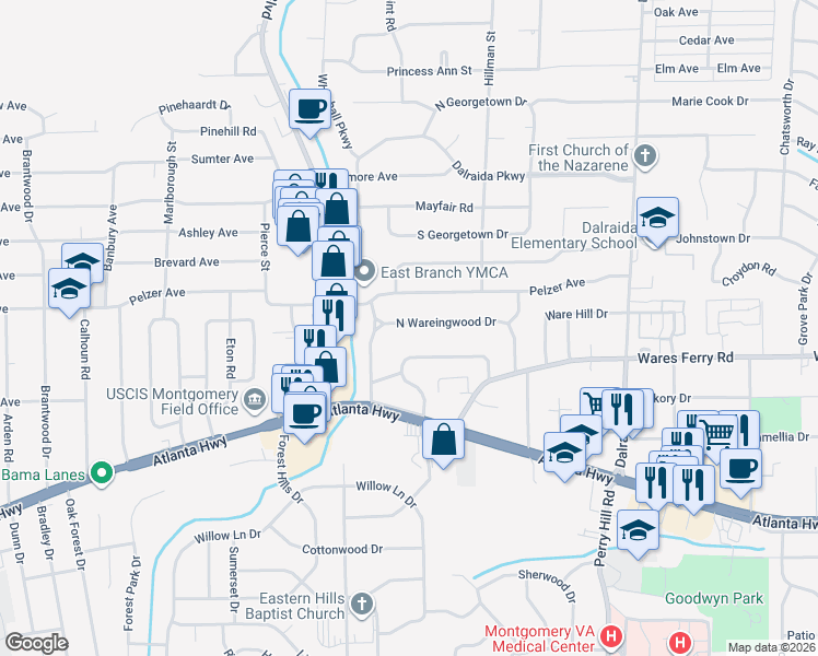 map of restaurants, bars, coffee shops, grocery stores, and more near 3518 North Wareingwood Drive in Montgomery