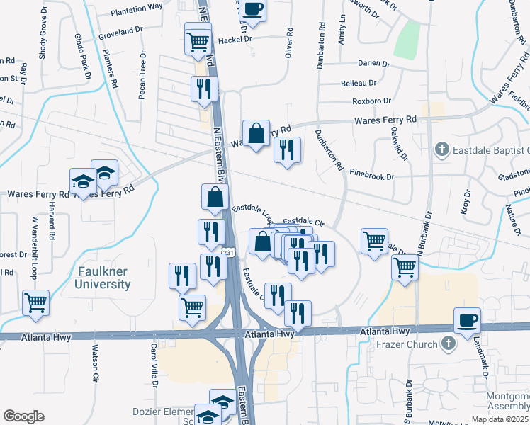 map of restaurants, bars, coffee shops, grocery stores, and more near 500 Eastdale Loop in Montgomery