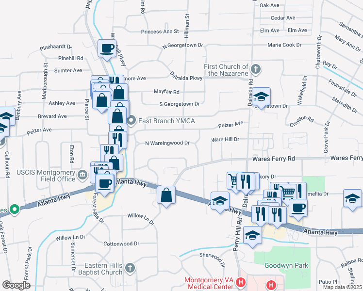 map of restaurants, bars, coffee shops, grocery stores, and more near 3576 North Wareingwood Drive in Montgomery