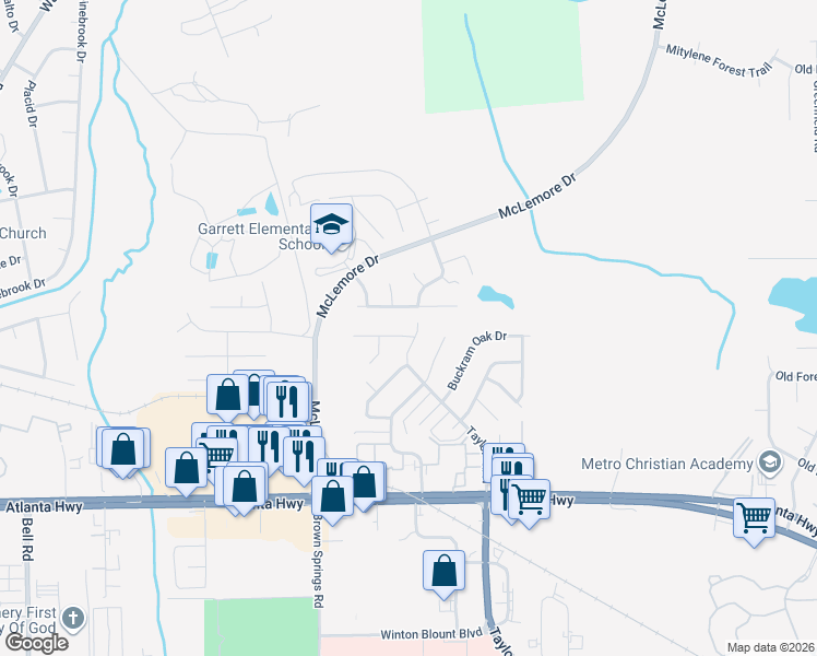 map of restaurants, bars, coffee shops, grocery stores, and more near 6829 Canter Trail in Montgomery