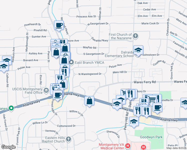 map of restaurants, bars, coffee shops, grocery stores, and more near 3576 North Wareingwood Drive in Montgomery
