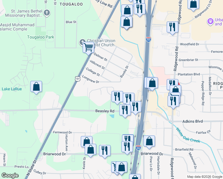 map of restaurants, bars, coffee shops, grocery stores, and more near 492 Beasley Road in Jackson