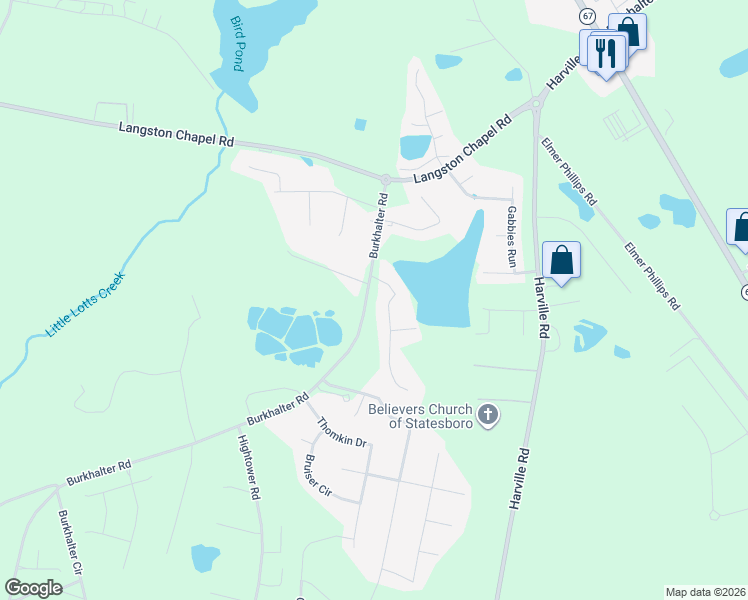 map of restaurants, bars, coffee shops, grocery stores, and more near 5606 Landings Parkway in Statesboro