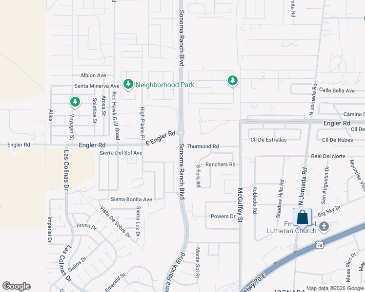 map of restaurants, bars, coffee shops, grocery stores, and more near 3988 Thurmond Road in Las Cruces