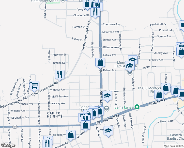 map of restaurants, bars, coffee shops, grocery stores, and more near 2311 McCarter Avenue in Montgomery