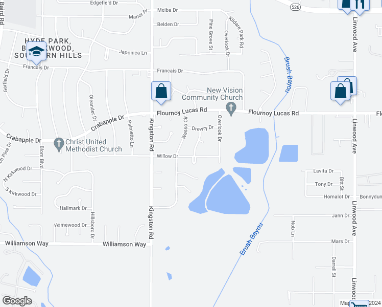 map of restaurants, bars, coffee shops, grocery stores, and more near 850 Willow Drive in Shreveport