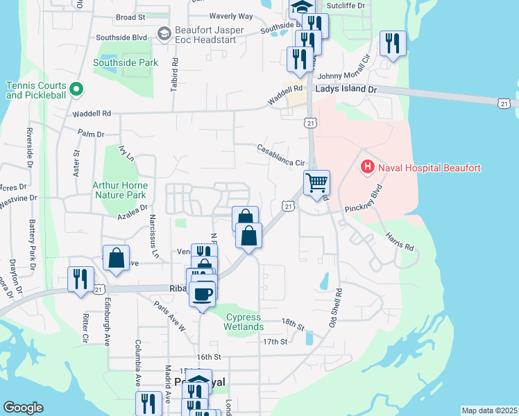 map of restaurants, bars, coffee shops, grocery stores, and more near 1650 Ribaut Road in Port Royal