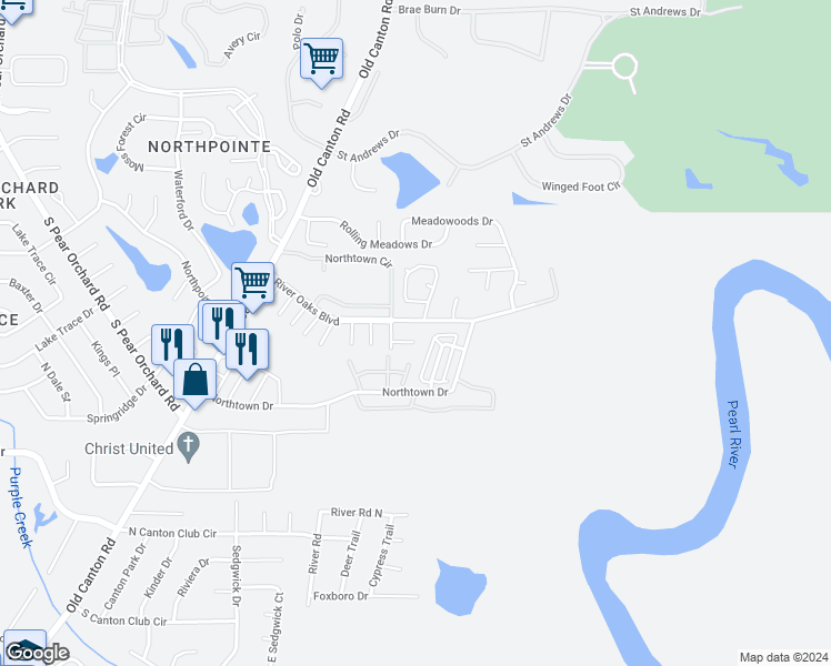 map of restaurants, bars, coffee shops, grocery stores, and more near 5 River Run Drive in Jackson