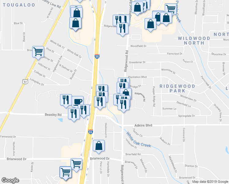 map of restaurants, bars, coffee shops, grocery stores, and more near 83 Ridgewood Road in Jackson