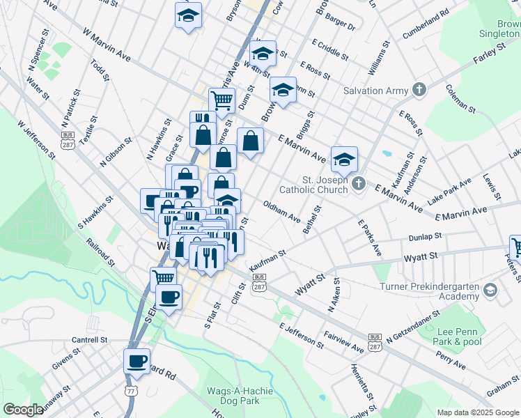 map of restaurants, bars, coffee shops, grocery stores, and more near 404 North Jackson Street in Waxahachie